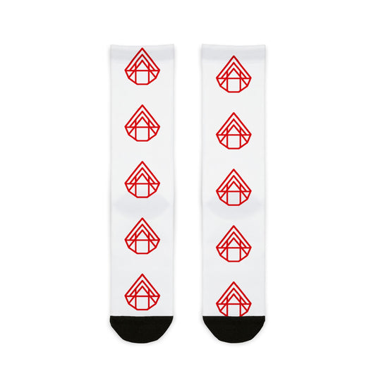Red Geometric Emblem Crew Socks — Sublimation Patterned Athletic Socks