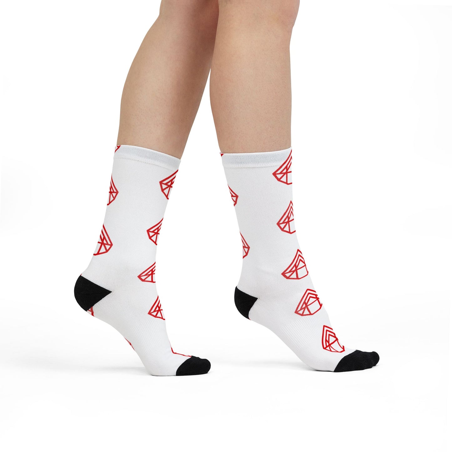 Red Geometric Emblem Crew Socks — Sublimation Patterned Athletic Socks