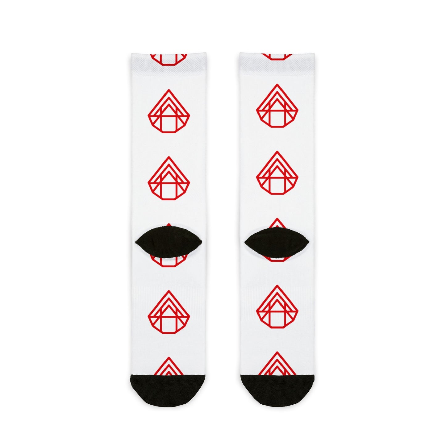 Red Geometric Emblem Crew Socks — Sublimation Patterned Athletic Socks