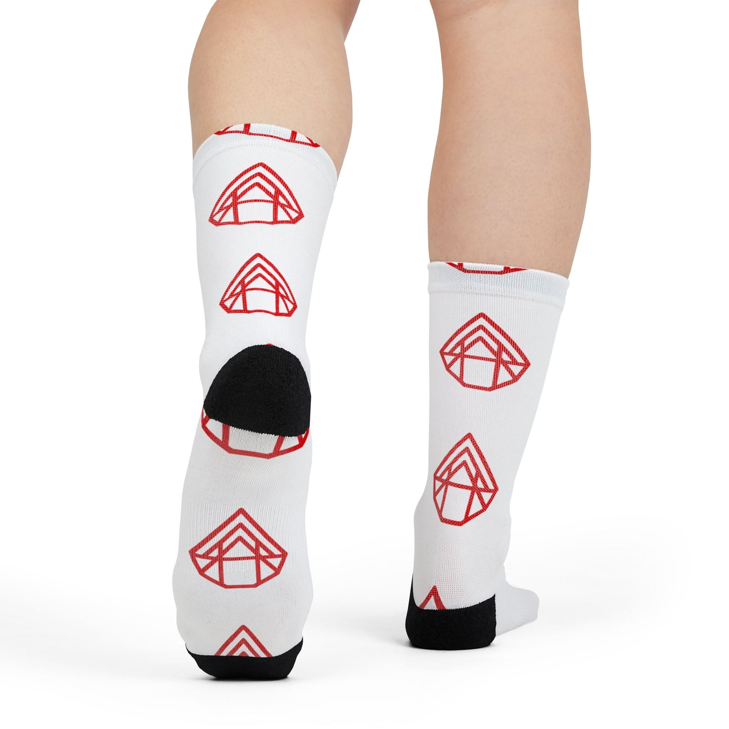 Red Geometric Emblem Crew Socks — Sublimation Patterned Athletic Socks